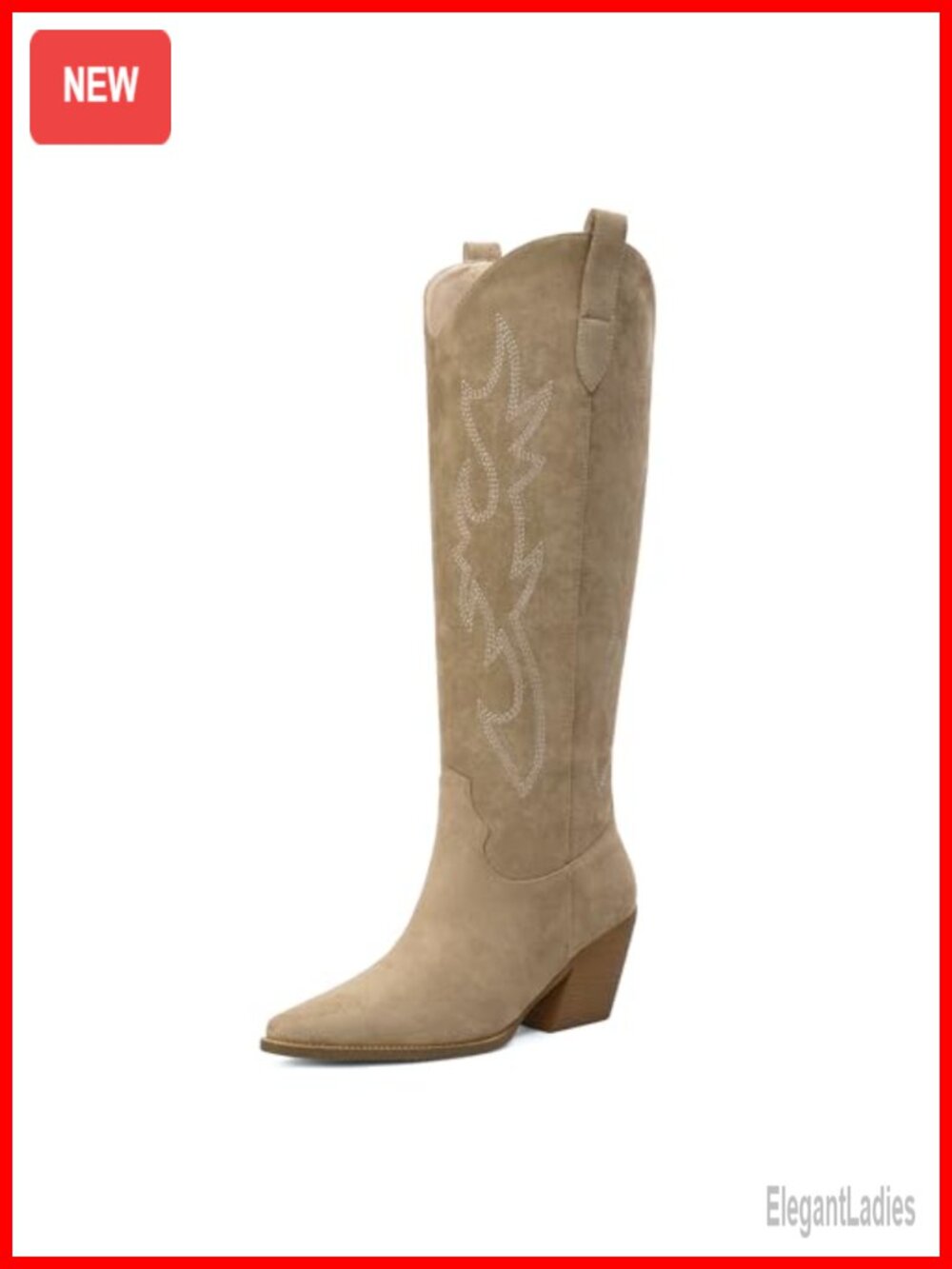 Women's Knee High Western Boots Pointed Toe Block Heel Faux Suede Embroidered